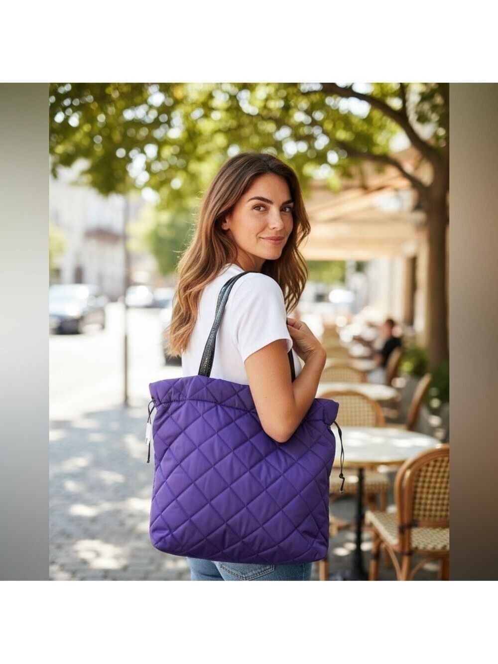 Michael Michael Kors Quilted Nylon Tote Purple Black Patent Leather Handles EUC - Picture 3 of 10